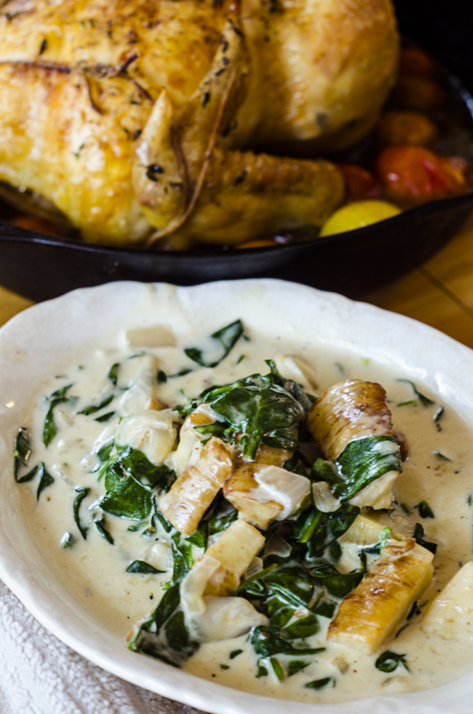 Dish of creamed spinach and parsnips