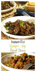 This instant pot beef stew is made with fresh ginger, garlic and green onions and served over a bed of letnils that are cooked in a ginger and garlic chicken broth. The entire meal is cooked in the insant pot and makes for a great weeknight family dinner or is perfectly suitable for a special dinner with guests.