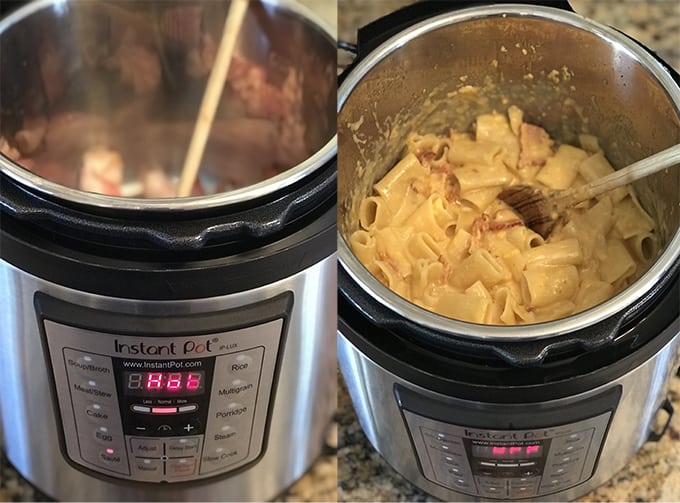 Ariel views bacon coking and one one with creamy pasta in instant pots